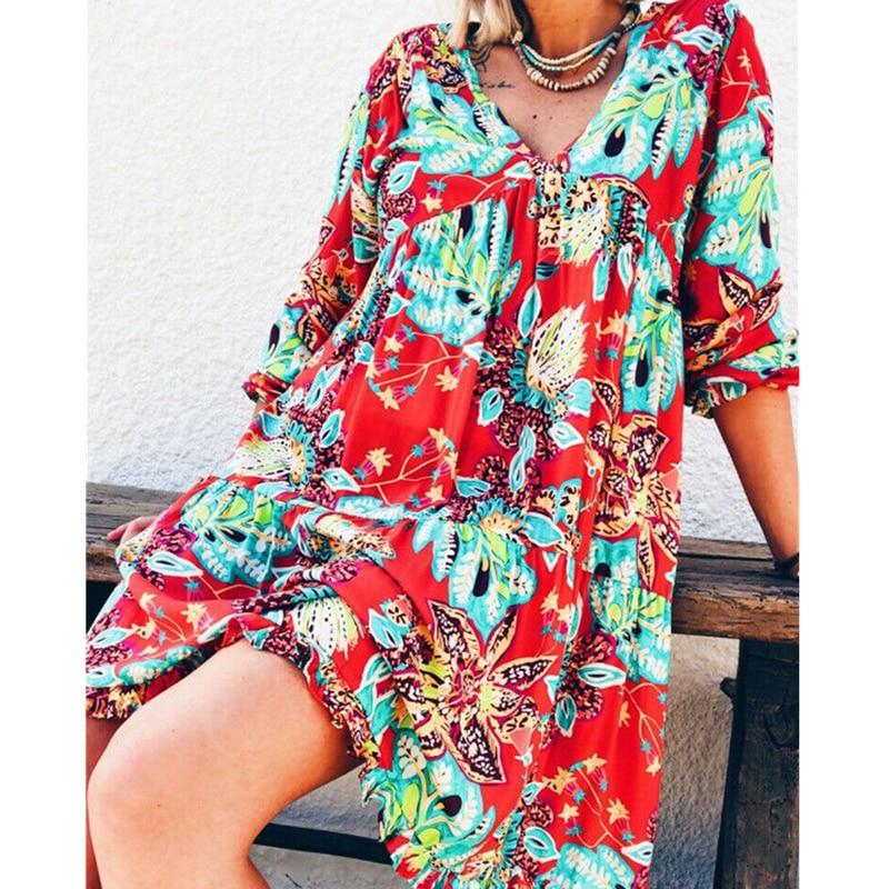 New Fashion Women Long Sleeve Summer Boho Floral Printed Beach Casual Loose Kaftan Tunic Beach Mini Dress Sundress