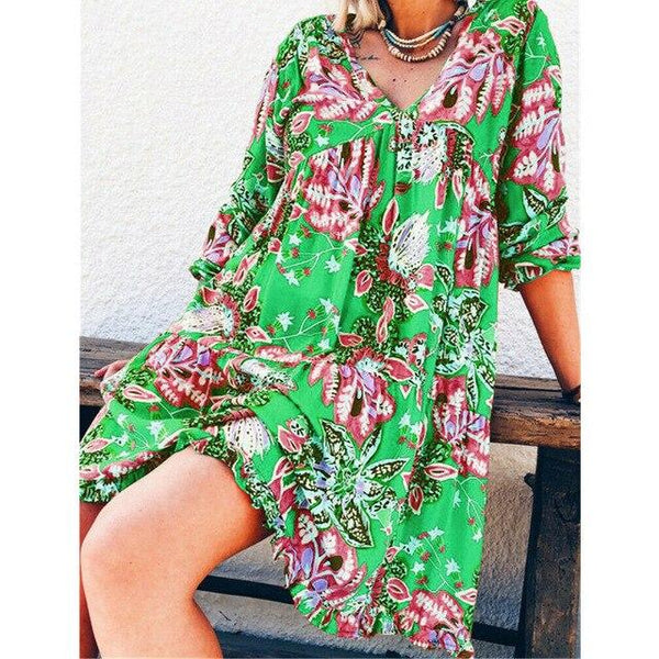 New Fashion Women Long Sleeve Summer Boho Floral Printed Beach Casual Loose Kaftan Tunic Beach Mini Dress Sundress