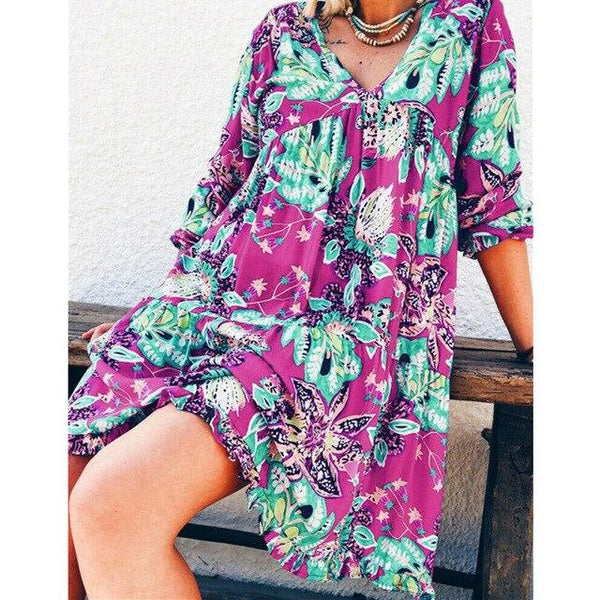 New Fashion Women Long Sleeve Summer Boho Floral Printed Beach Casual Loose Kaftan Tunic Beach Mini Dress Sundress