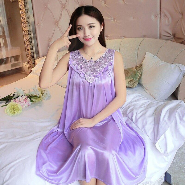 One Size Ladies Long Nightgown Summer Casual Home Dress Nightshirt Sleeveless Sexy Sleepwear Faux Silk Nightdress Nightwear