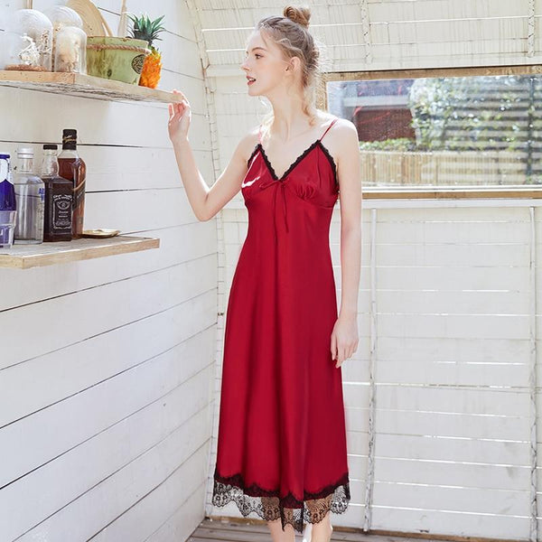 Daeyard Long Nightdress For Women Spaghetti Straps Nightgown Satin Sleepwear Ladies Sexy Lace Fringe Dress Nightie Homewear