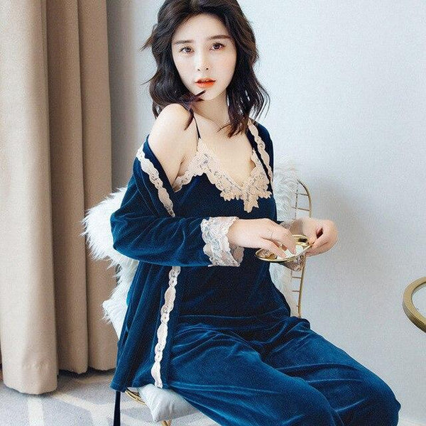 Autumn Winter Warm Set Women Sexy  Sleepwear For Women Sleeveless Strap Nightwear Long Pant Robe