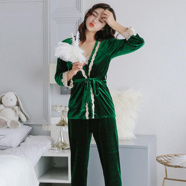 Autumn Winter Warm Set Women Sexy  Sleepwear For Women Sleeveless Strap Nightwear Long Pant Robe