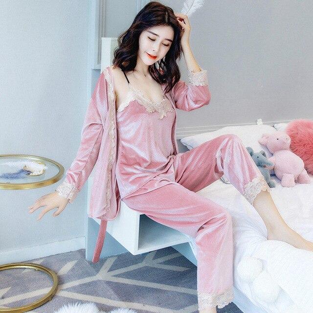 Autumn Winter Warm Set Women Sexy  Sleepwear For Women Sleeveless Strap Nightwear Long Pant Robe