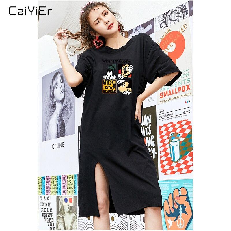 Caiyier Casual Nightgown Cute Print Black Nightdress Summer Short Sleeve Long  Nightshirt Women Plus Size Sleepwear S-4XL