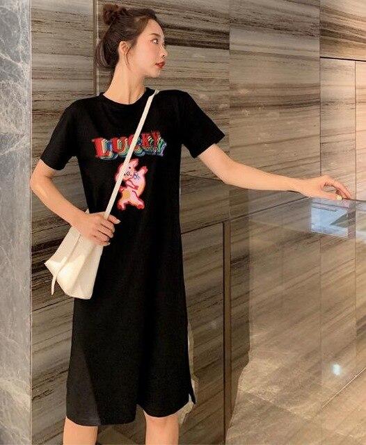 Caiyier Casual Nightgown Cute Print Black Nightdress Summer Short Sleeve Long  Nightshirt Women Plus Size Sleepwear S-4XL