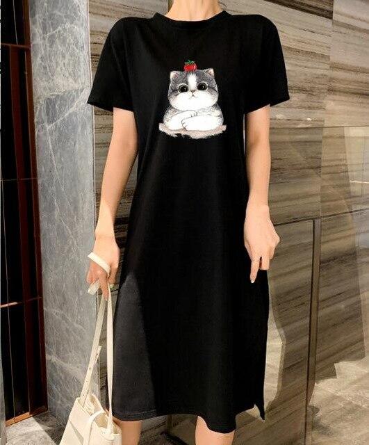 Caiyier Casual Nightgown Cute Print Black Nightdress Summer Short Sleeve Long  Nightshirt Women Plus Size Sleepwear S-4XL