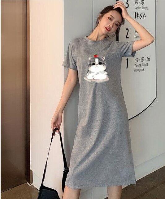 Caiyier Casual Nightgown Cute Print Black Nightdress Summer Short Sleeve Long  Nightshirt Women Plus Size Sleepwear S-4XL