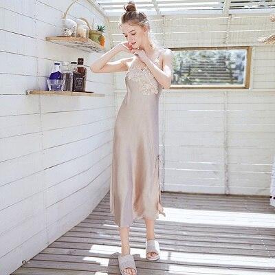 Daeyard Silk Long Nightgown Women Spaghetti Straps Nightdress Sexy Lace Side Slit Summer Dress Casual Sleepwear Home Clothes