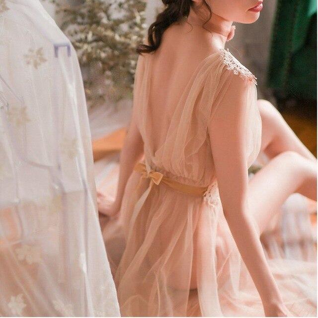 2019 Sexy Gauze Lace Embroidery Sheer Long Night Dress Summer Nightgowns Sleepshirts Women Nightwear
