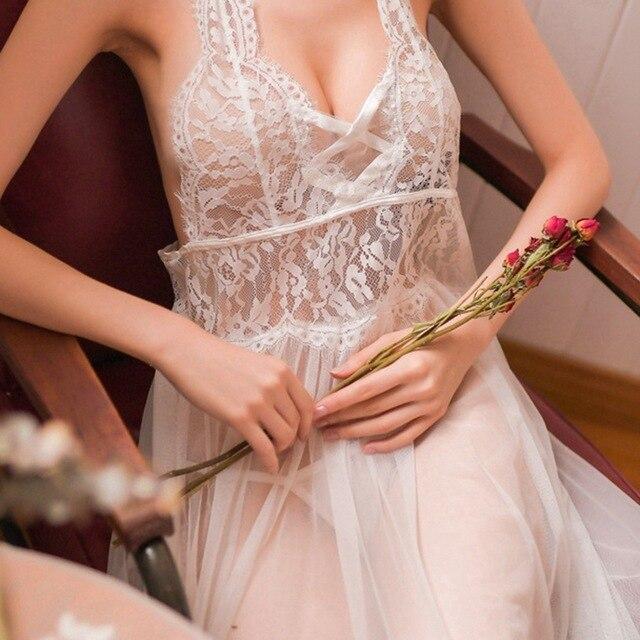 Ladies Long Gowns Black Lingerie Porno Hollow Womens Sleep Wear Lace Night Gown Deep V-neck Night Dress Backless Womens Clothing