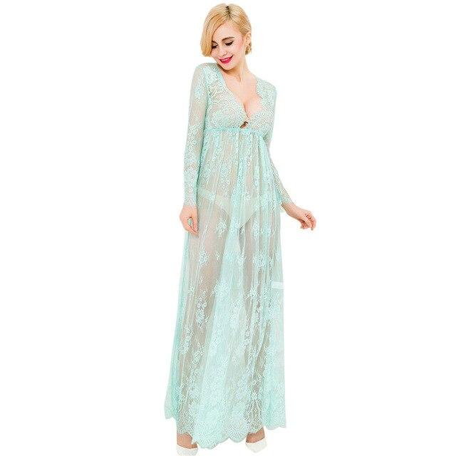 Comeonlover Mint green full sleeve see through lace lingerie dress sheer mesh long female sleepwear princess nightdresses E80302