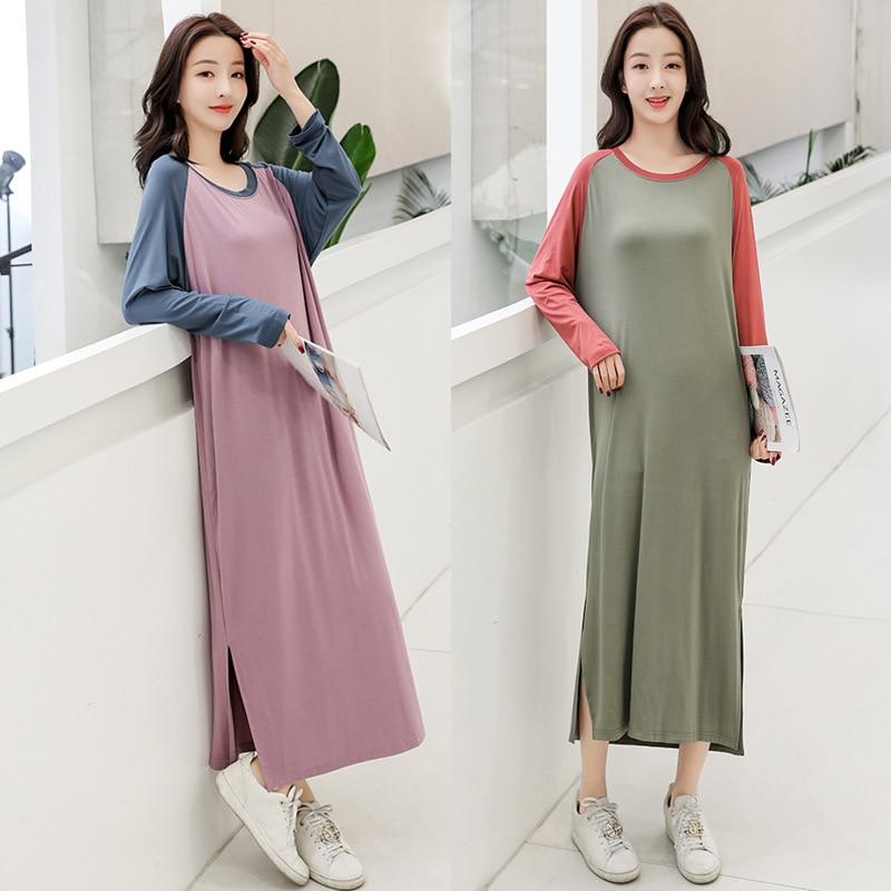 Women Sleepshirts Patchwork Sleepwear Summer Spring Long Sleeve Cool Modal nightdress Ladies Long Dressing NightGown Big OneSize
