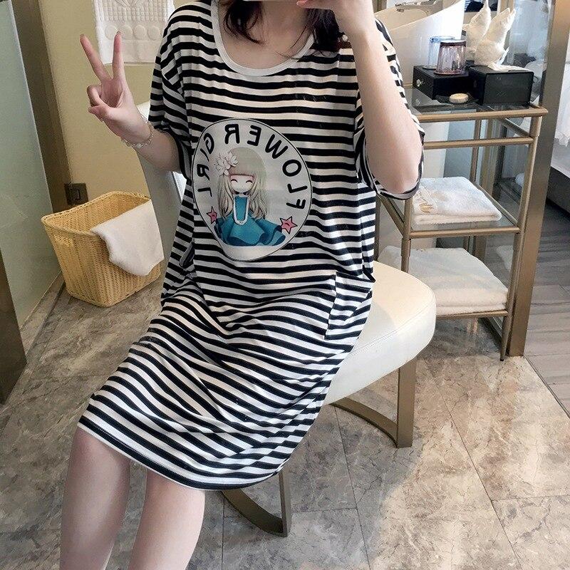 2019 Summer Casual Striped Cotton Long Nightgowns for Women Short Sleeve Night Dress Femme Loose Sleepwear Nightdress Home Dress