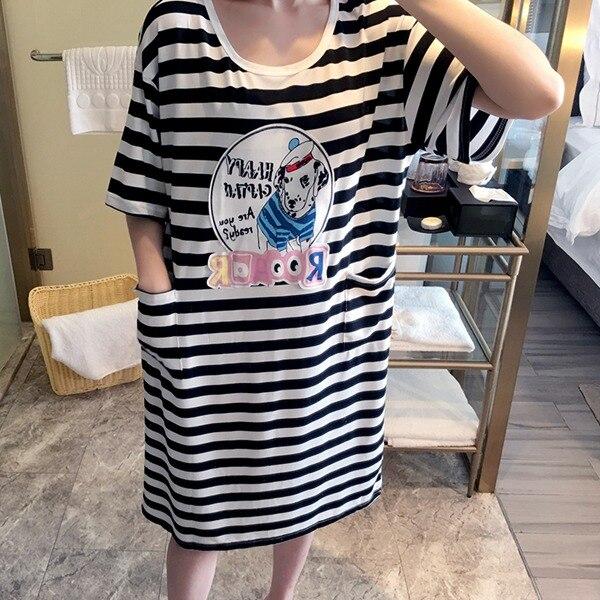 2019 Summer Casual Striped Cotton Long Nightgowns for Women Short Sleeve Night Dress Femme Loose Sleepwear Nightdress Home Dress