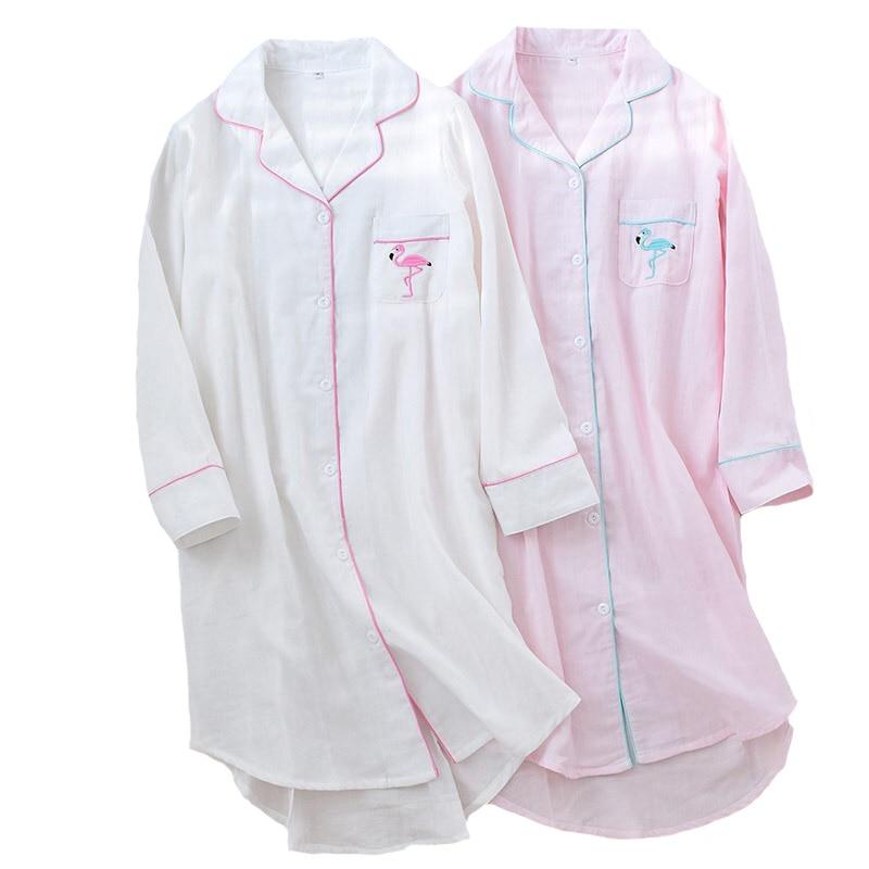 2019 New Ladies sleepwear 100% Gauze Cotton Nightdress Flamingo Embroidered Women Sleepshirt Long-sleeve Comfort Household Wear