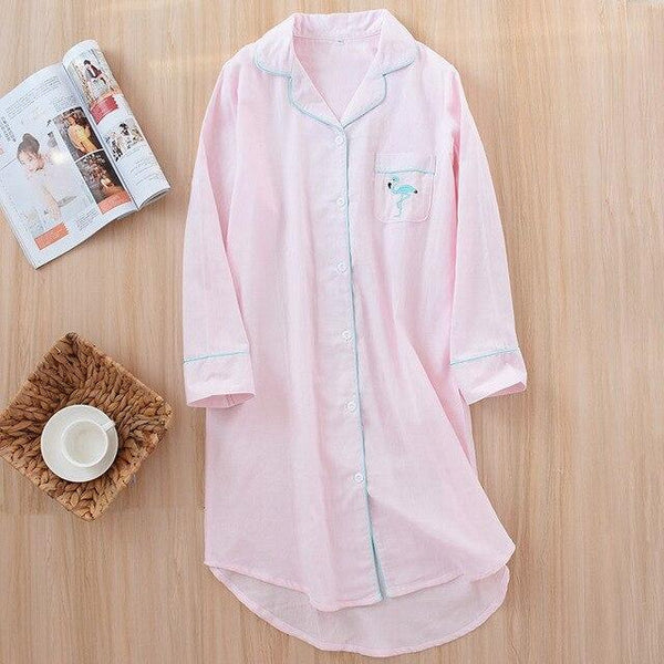 2019 New Ladies sleepwear 100% Gauze Cotton Nightdress Flamingo Embroidered Women Sleepshirt Long-sleeve Comfort Household Wear