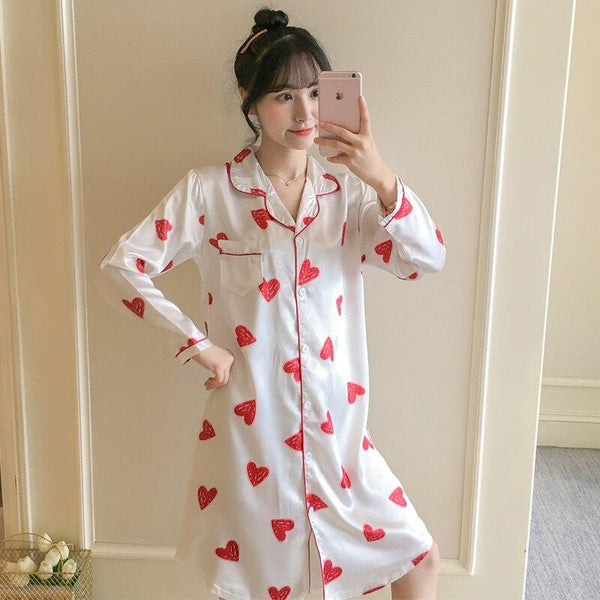 WAVMIT 2019 Autumn Silk Womens Sleepwear Sexy Comfortable Long Sleeve Print Ladies Nightgown Young Girl Outwear Party Nightdress
