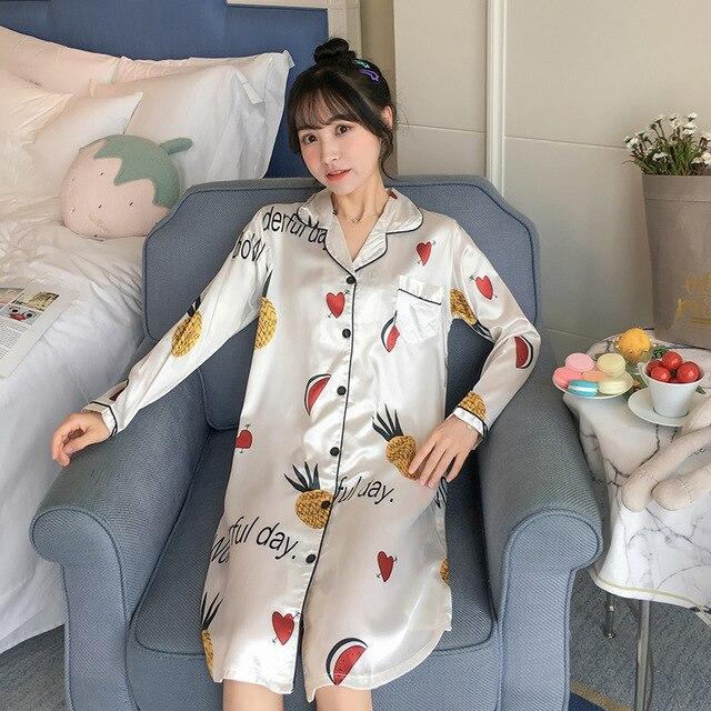 WAVMIT 2019 Autumn Silk Womens Sleepwear Sexy Comfortable Long Sleeve Print Ladies Nightgown Young Girl Outwear Party Nightdress