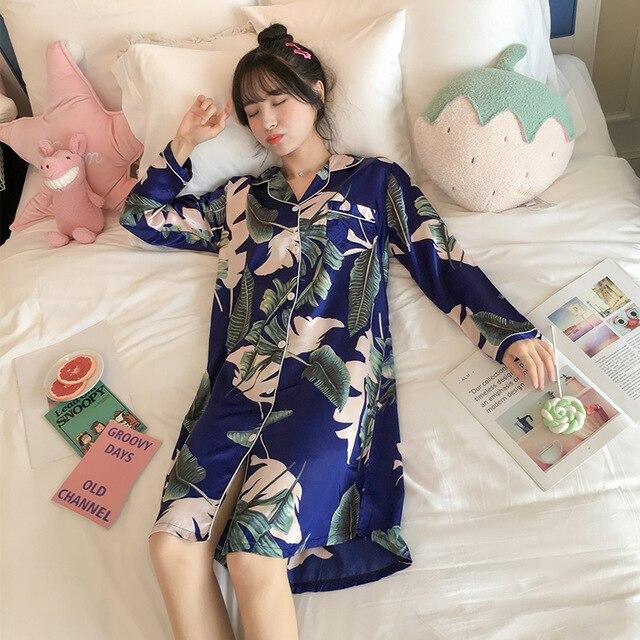 WAVMIT 2019 Autumn Silk Womens Sleepwear Sexy Comfortable Long Sleeve Print Ladies Nightgown Young Girl Outwear Party Nightdress