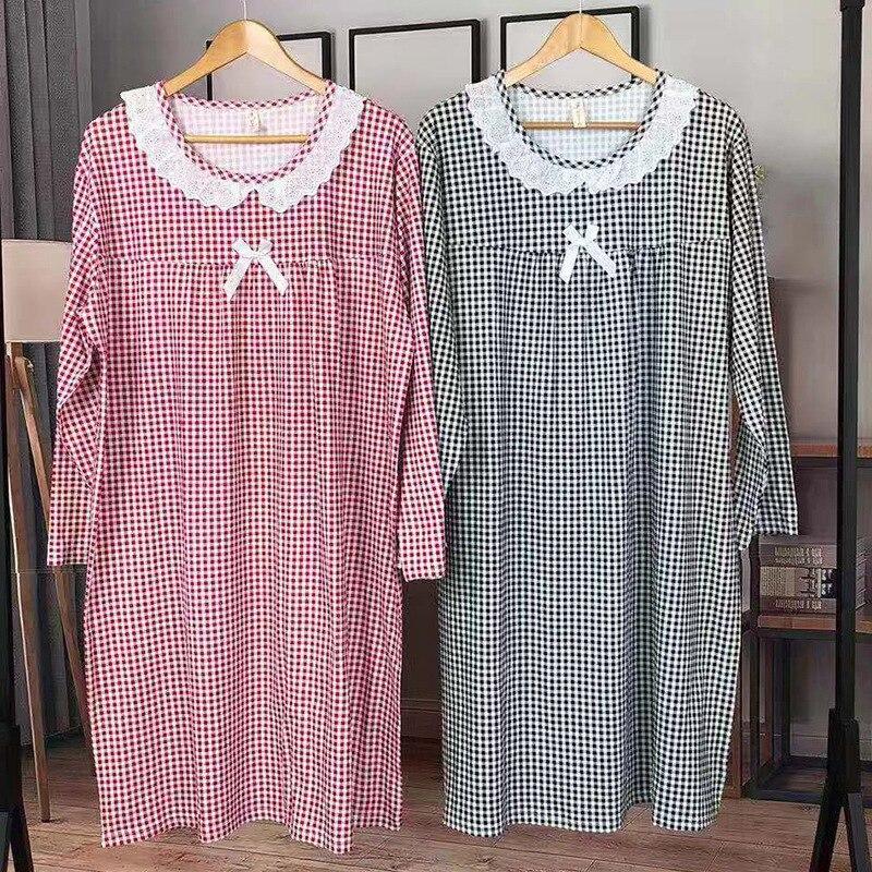 2018 Spring Autumn Casual Plaid Cotton Nightgowns for Women Long Sleeve Loose Night Dress Home Dress Sleepwear Nightdress Nighty