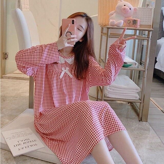 2018 Spring Autumn Casual Plaid Cotton Nightgowns for Women Long Sleeve Loose Night Dress Home Dress Sleepwear Nightdress Nighty