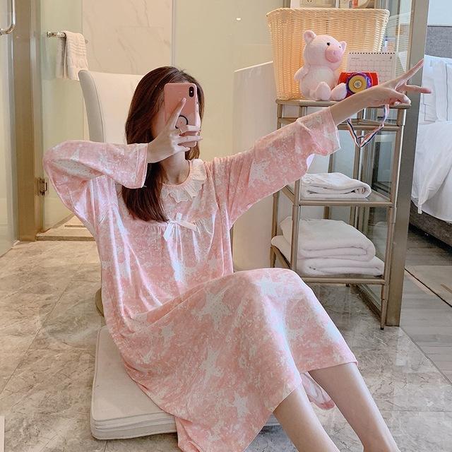 2018 Spring Autumn Casual Plaid Cotton Nightgowns for Women Long Sleeve Loose Night Dress Home Dress Sleepwear Nightdress Nighty