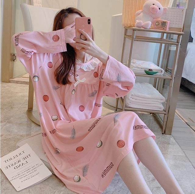 2018 Spring Autumn Casual Plaid Cotton Nightgowns for Women Long Sleeve Loose Night Dress Home Dress Sleepwear Nightdress Nighty