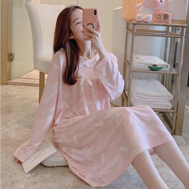 2018 Spring Autumn Casual Plaid Cotton Nightgowns for Women Long Sleeve Loose Night Dress Home Dress Sleepwear Nightdress Nighty