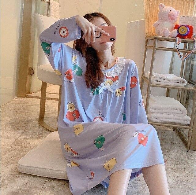 2018 Spring Autumn Casual Plaid Cotton Nightgowns for Women Long Sleeve Loose Night Dress Home Dress Sleepwear Nightdress Nighty