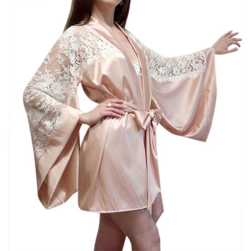 Womens Sleepwear Long Batwing Sleeves Lingerie Night Robe Faux Silk Sheer Eyelash Floral Lace Patchwork Nightgown Bowknot Sash
