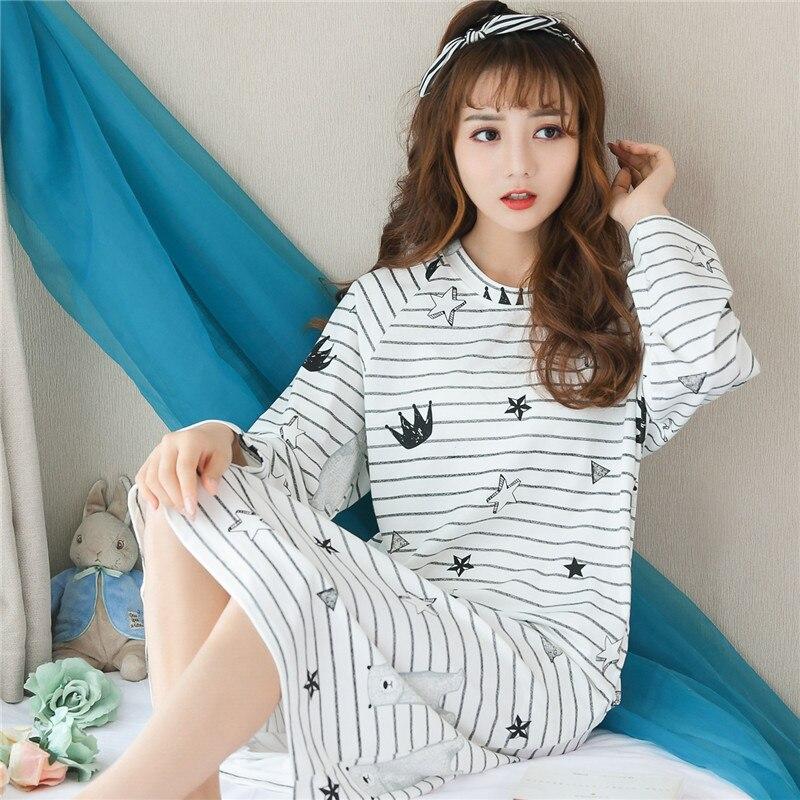 Casual Striped 100% Cotton Nightgowns for Women 2019 Autumn Long Sleeve Sleepwear Night Dress Femme Lounge Nightdress Home Dress