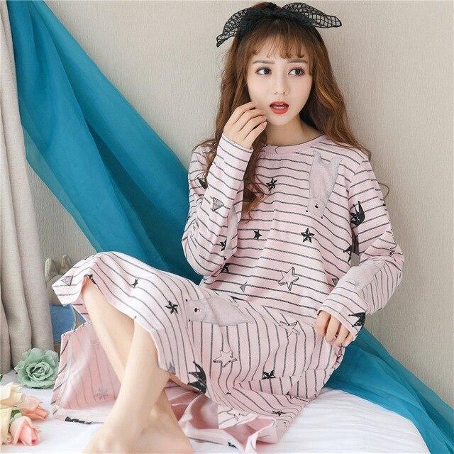 Casual Striped 100% Cotton Nightgowns for Women 2019 Autumn Long Sleeve Sleepwear Night Dress Femme Lounge Nightdress Home Dress