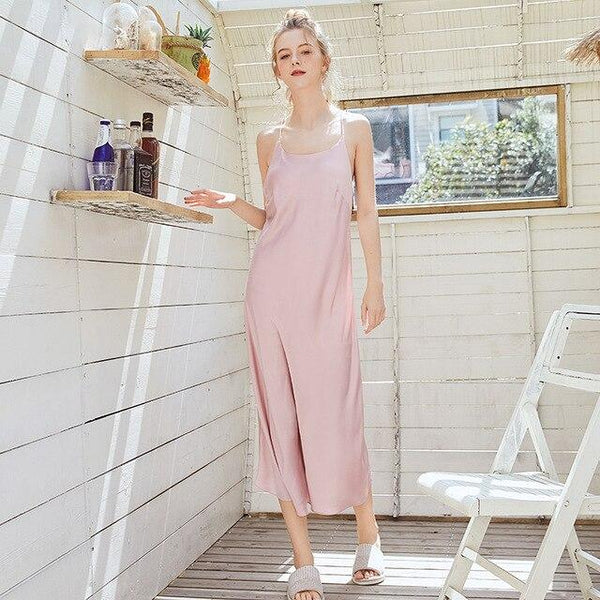 Roseheart Women Fashion Red Sexy Sleepwear Night Faux Silk Nightwear Sleepshirts Long Nightgown Gown Female Spaghetti Strap