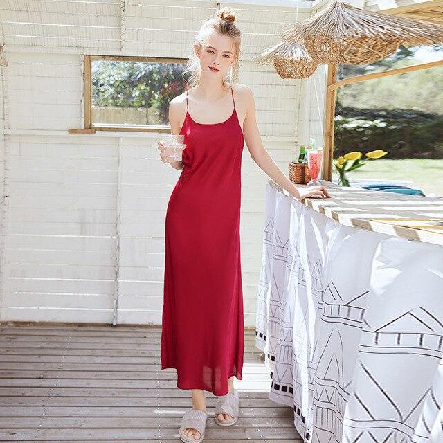Roseheart Women Fashion Red Sexy Sleepwear Night Faux Silk Nightwear Sleepshirts Long Nightgown Gown Female Spaghetti Strap
