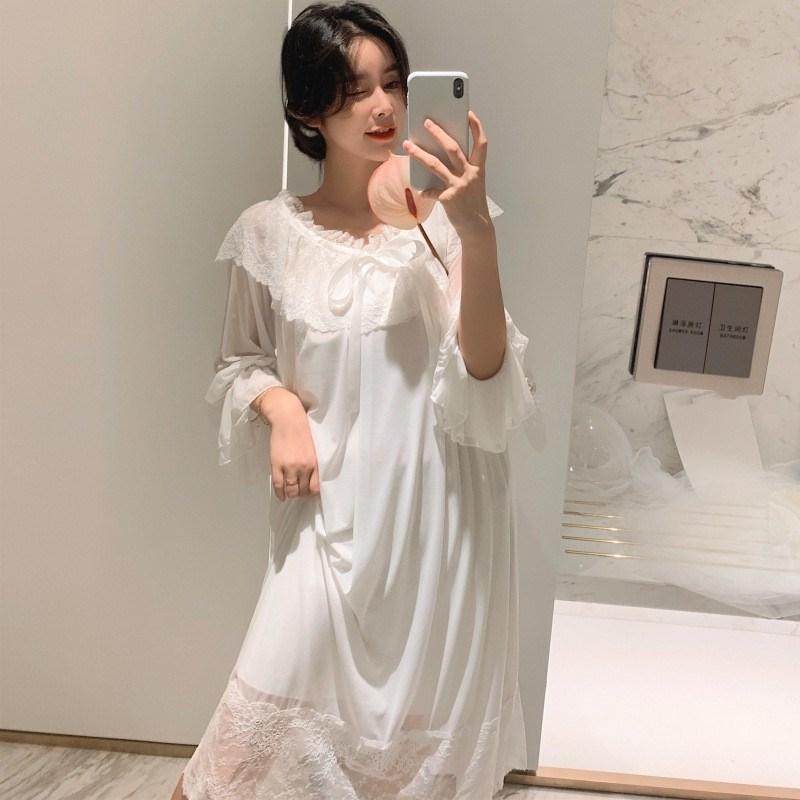 Women Soft Elegant Long Nightgowns Female Sweet Princess Sleeping Home Dress Round Neck Lace Sexy White Nightdress