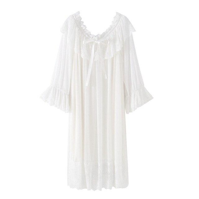 Women Soft Elegant Long Nightgowns Female Sweet Princess Sleeping Home Dress Round Neck Lace Sexy White Nightdress