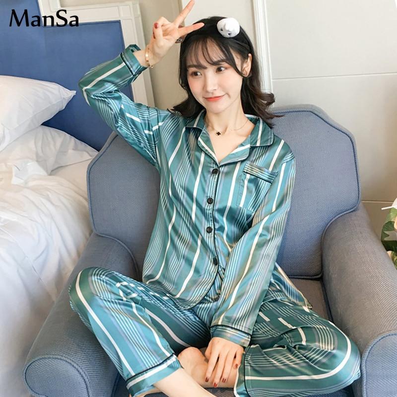 Women Nightwear spring stripe Pajamas Silk Print Sweet Women Sleepwear Set 90s Girl Nightgown Long Pant Cute Silk Pajamas Sets