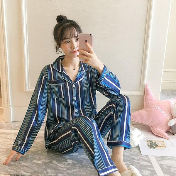 Women Nightwear spring stripe Pajamas Silk Print Sweet Women Sleepwear Set 90s Girl Nightgown Long Pant Cute Silk Pajamas Sets