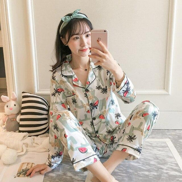Women Nightwear spring stripe Pajamas Silk Print Sweet Women Sleepwear Set 90s Girl Nightgown Long Pant Cute Silk Pajamas Sets