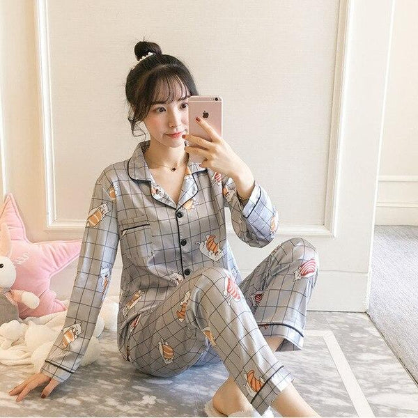 Women Nightwear spring stripe Pajamas Silk Print Sweet Women Sleepwear Set 90s Girl Nightgown Long Pant Cute Silk Pajamas Sets