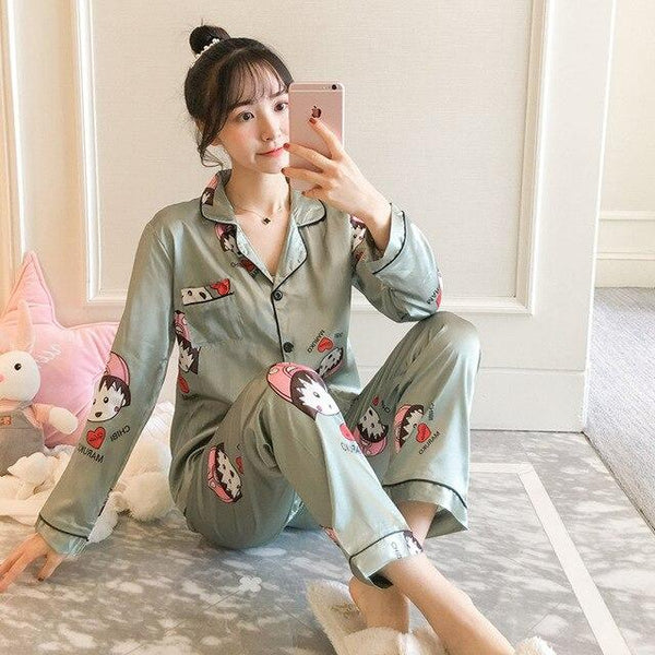Women Nightwear spring stripe Pajamas Silk Print Sweet Women Sleepwear Set 90s Girl Nightgown Long Pant Cute Silk Pajamas Sets