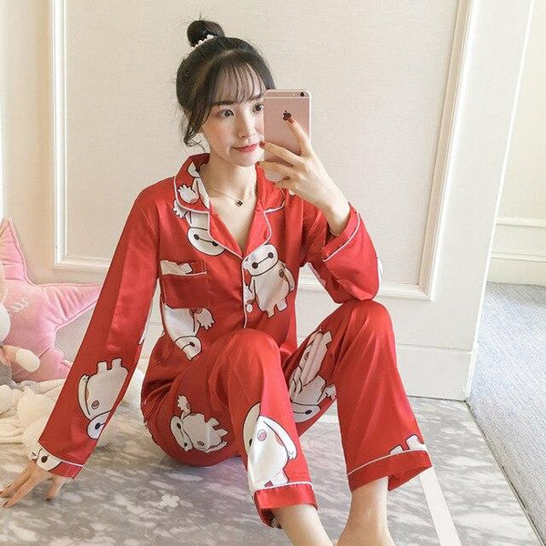 Women Nightwear spring stripe Pajamas Silk Print Sweet Women Sleepwear Set 90s Girl Nightgown Long Pant Cute Silk Pajamas Sets