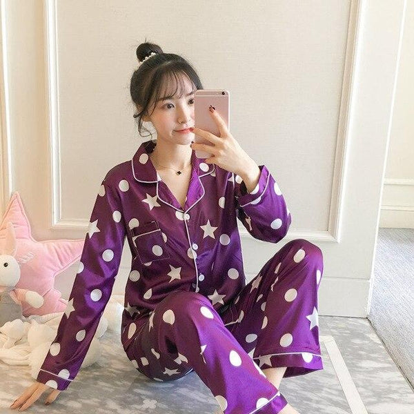 Women Nightwear spring stripe Pajamas Silk Print Sweet Women Sleepwear Set 90s Girl Nightgown Long Pant Cute Silk Pajamas Sets