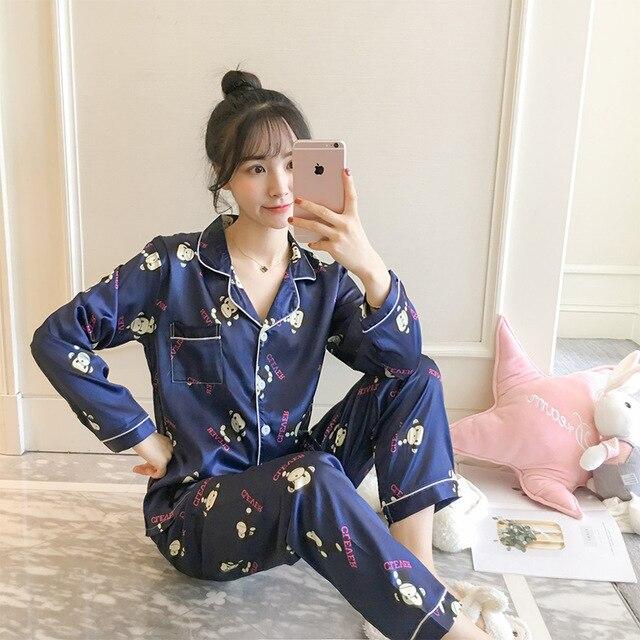 Women Nightwear spring stripe Pajamas Silk Print Sweet Women Sleepwear Set 90s Girl Nightgown Long Pant Cute Silk Pajamas Sets