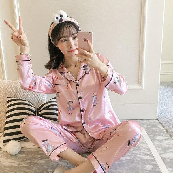 Women Nightwear spring stripe Pajamas Silk Print Sweet Women Sleepwear Set 90s Girl Nightgown Long Pant Cute Silk Pajamas Sets