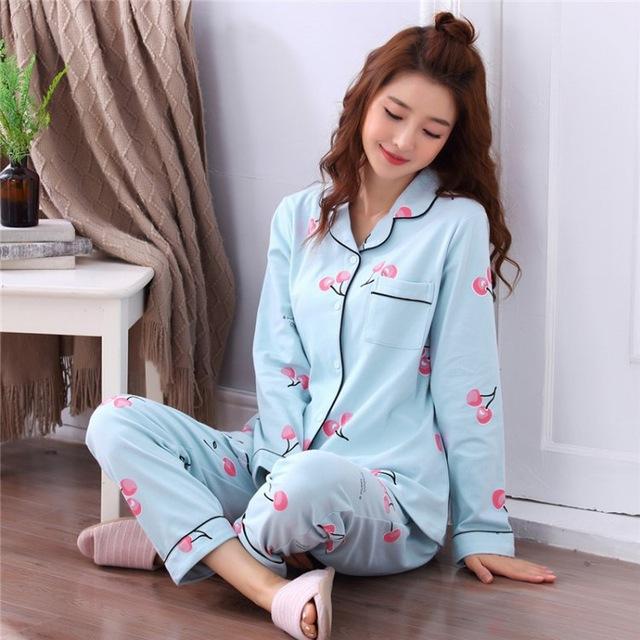 Cute Women Pajamas Pyjamas Set Long Sleeve Sleepwear Pijama Mujer Pajama Suit 2 Pieces Night Home Wear Nightgown Plus Size
