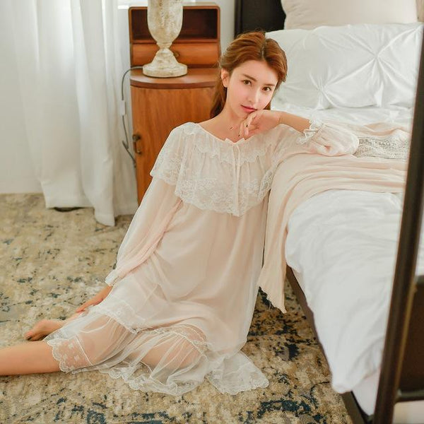Elegant Female Vintage Cotton Long Nightgowns Women White Lace Royal Sleepwear Princess Night Dress Autumn Spring Home Clothes