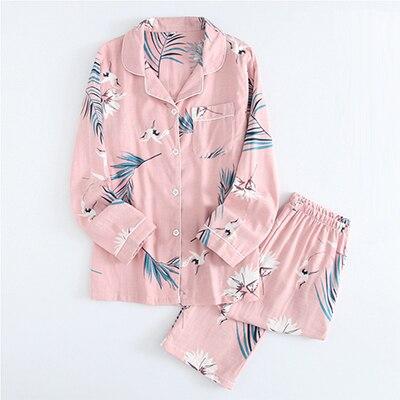 Spring Long Sleeve Cardigan+Pants Pajama Set Women Fashion Harajuku Plus Size Sleepwear Suits Gauze Cotton Home Nightgown Female