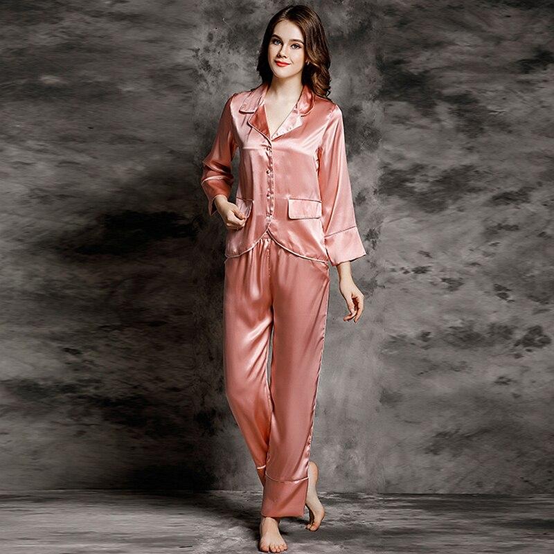 Nightgowns Women 100% Silk Nightcloth Two Pieces Set Long Sleeve Elastic Waist Long Pants Loose Suits 5 Co'lo'r's All Season